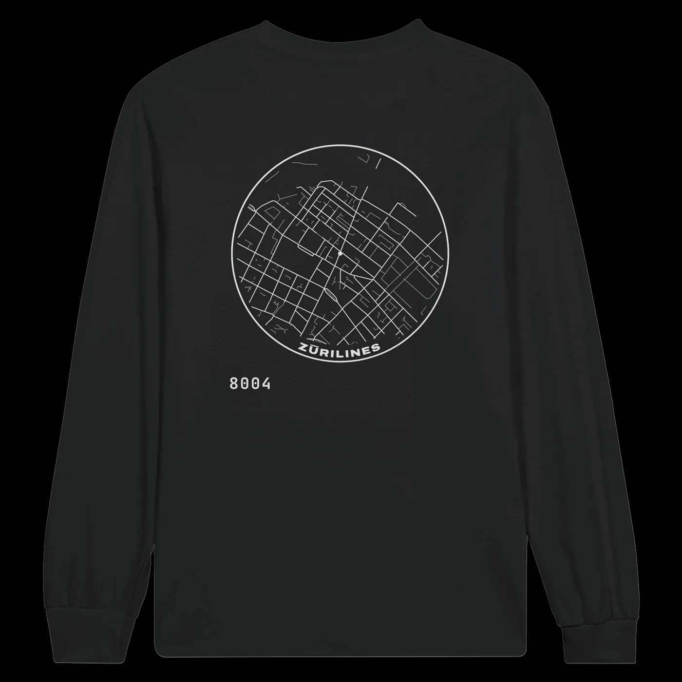 ZÜRILINES Longsleeve Men in Black, Rückseite – Beispiel mit der Linie «Langstrasse»