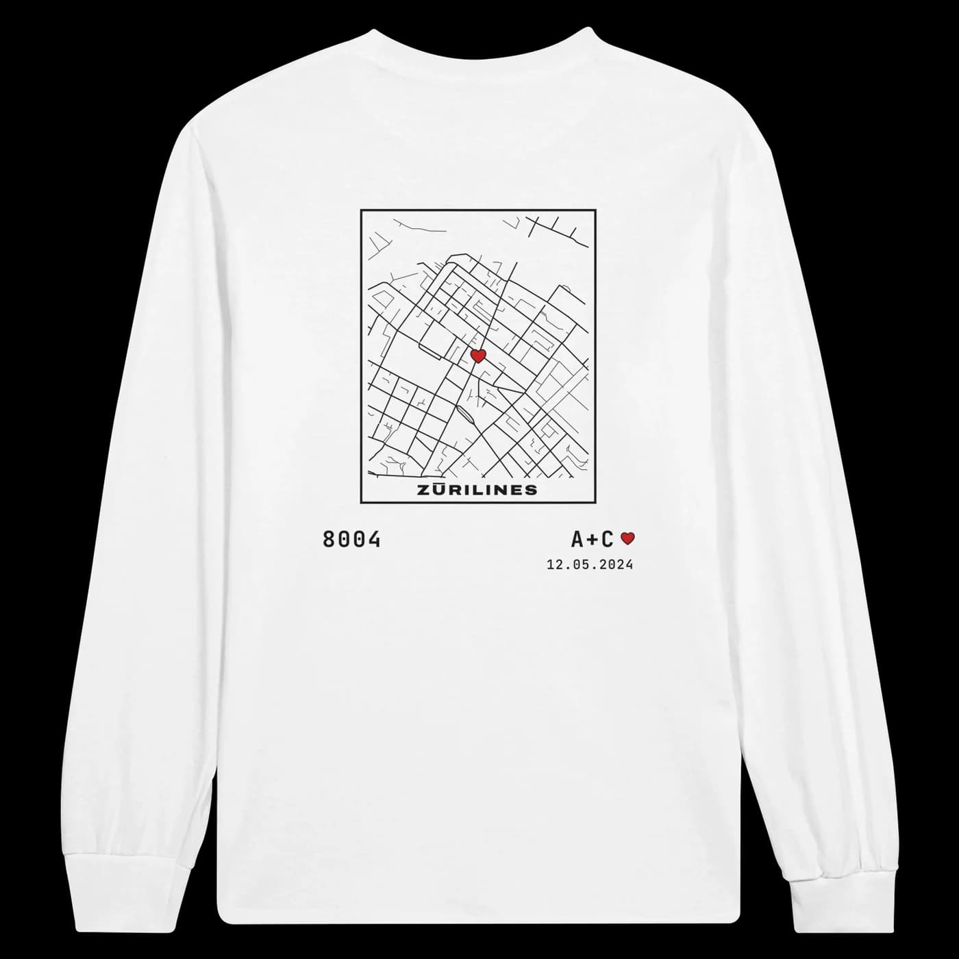 ZÜRILINES Longsleeve Men Love Edition in White, Rückseite – Beispiel mit der Linie «Langstrasse»