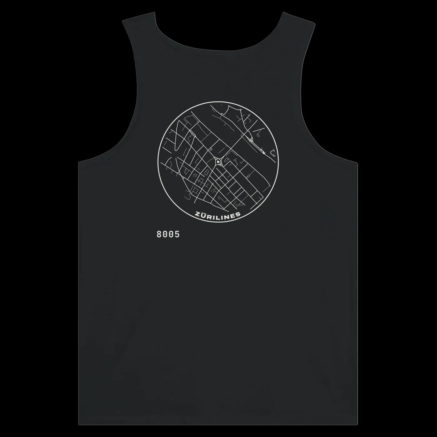 ZÜRILINES Tanktop Men in Black, Rückseite – Beispiel mit der Linie «Limmatplatz»