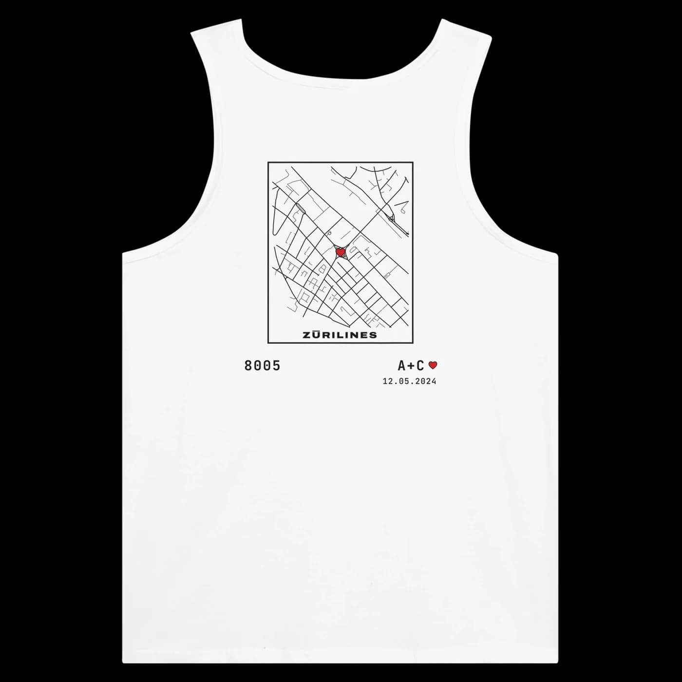 ZÜRILINES Tanktop Men Love Edition in White, Rückseite – Beispiel mit der Linie «Limmatplatz»