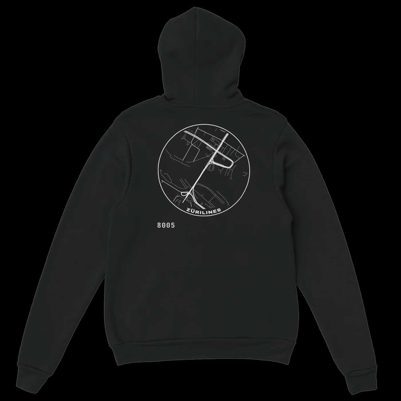 ZÜRILINES Hoodie in Black, Rückseite – Beispiel mit der Linie «Hardbrücke»