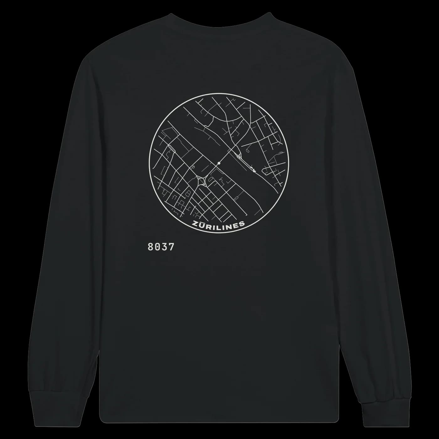 ZÜRILINES Longsleeve in Black, Rückseite – Beispiel mit der Linie «Oberer Letten»