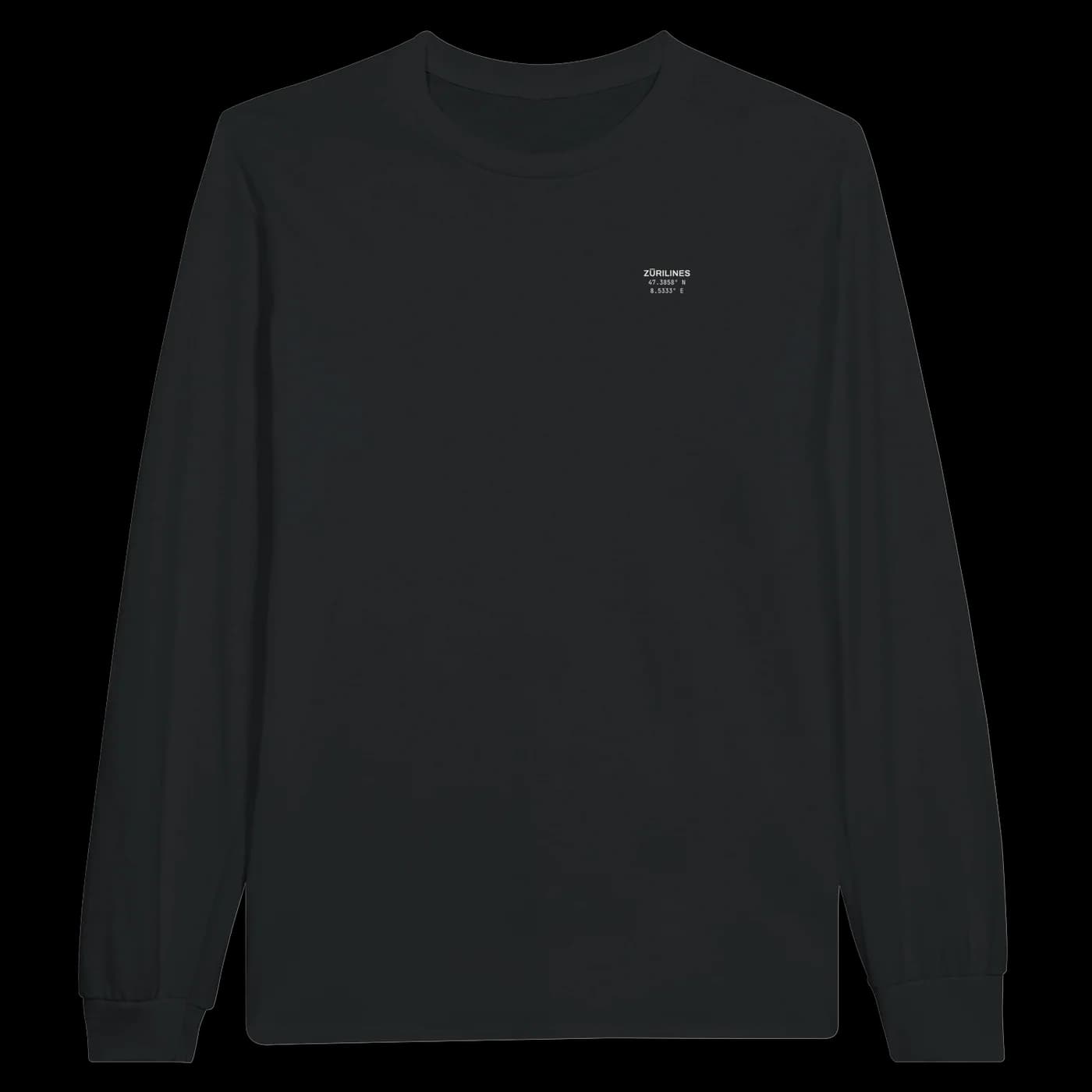 ZÜRILINES Longsleeve in Black, Vorderseite – Beispiel mit der Linie «Oberer Letten»