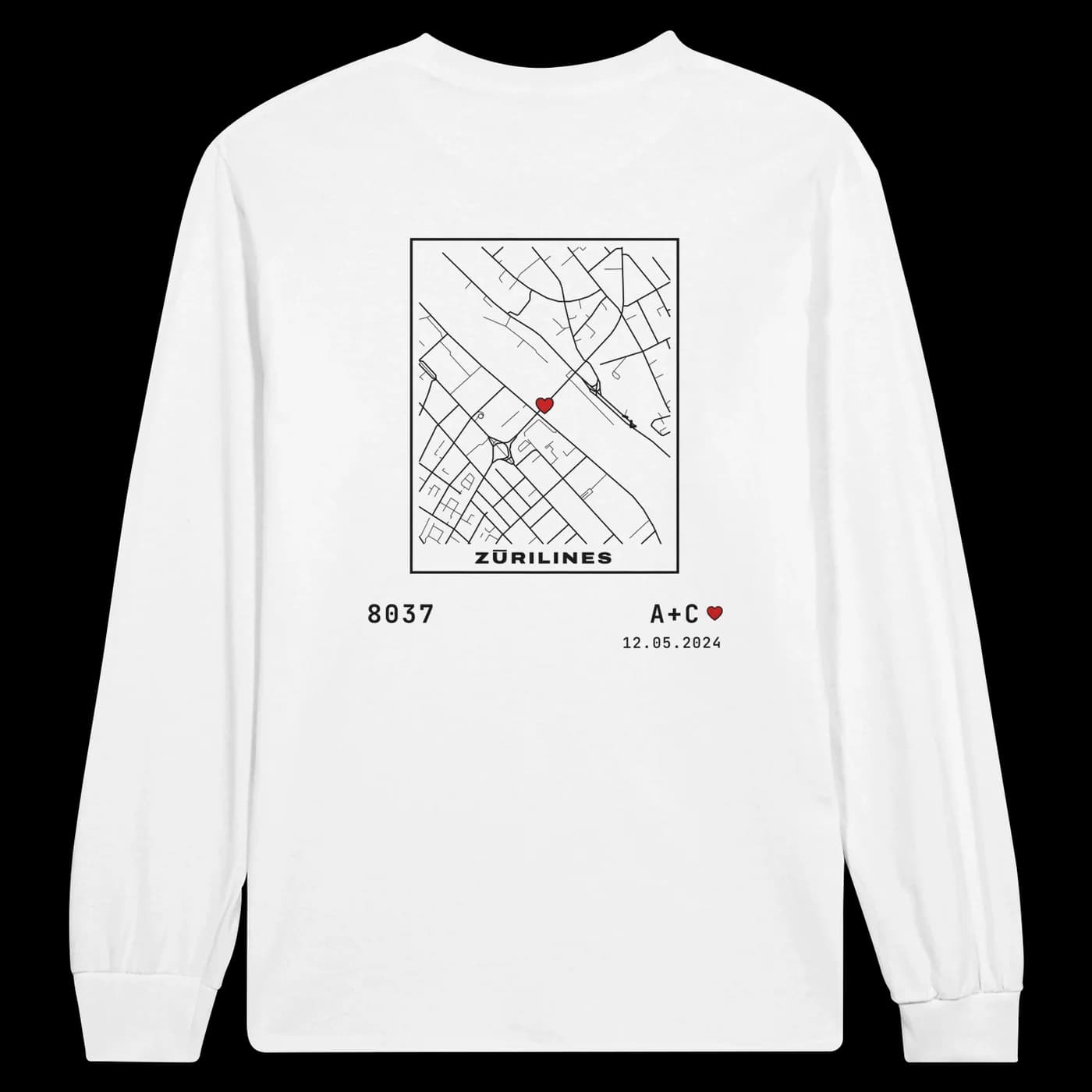 ZÜRILINES Longsleeve Love Edition in White, Rückseite – Beispiel mit der Linie «Oberer Letten»