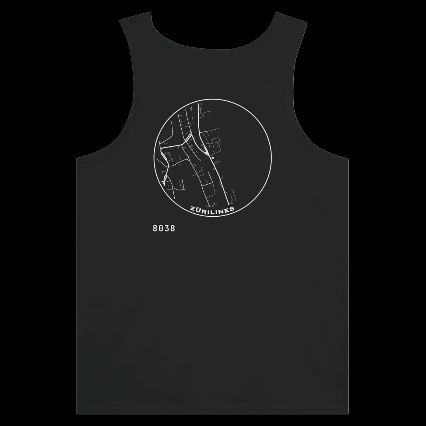 ZÜRILINES Tanktop in Black, Rückseite – Beispiel mit der Linie «Rote Fabrik»