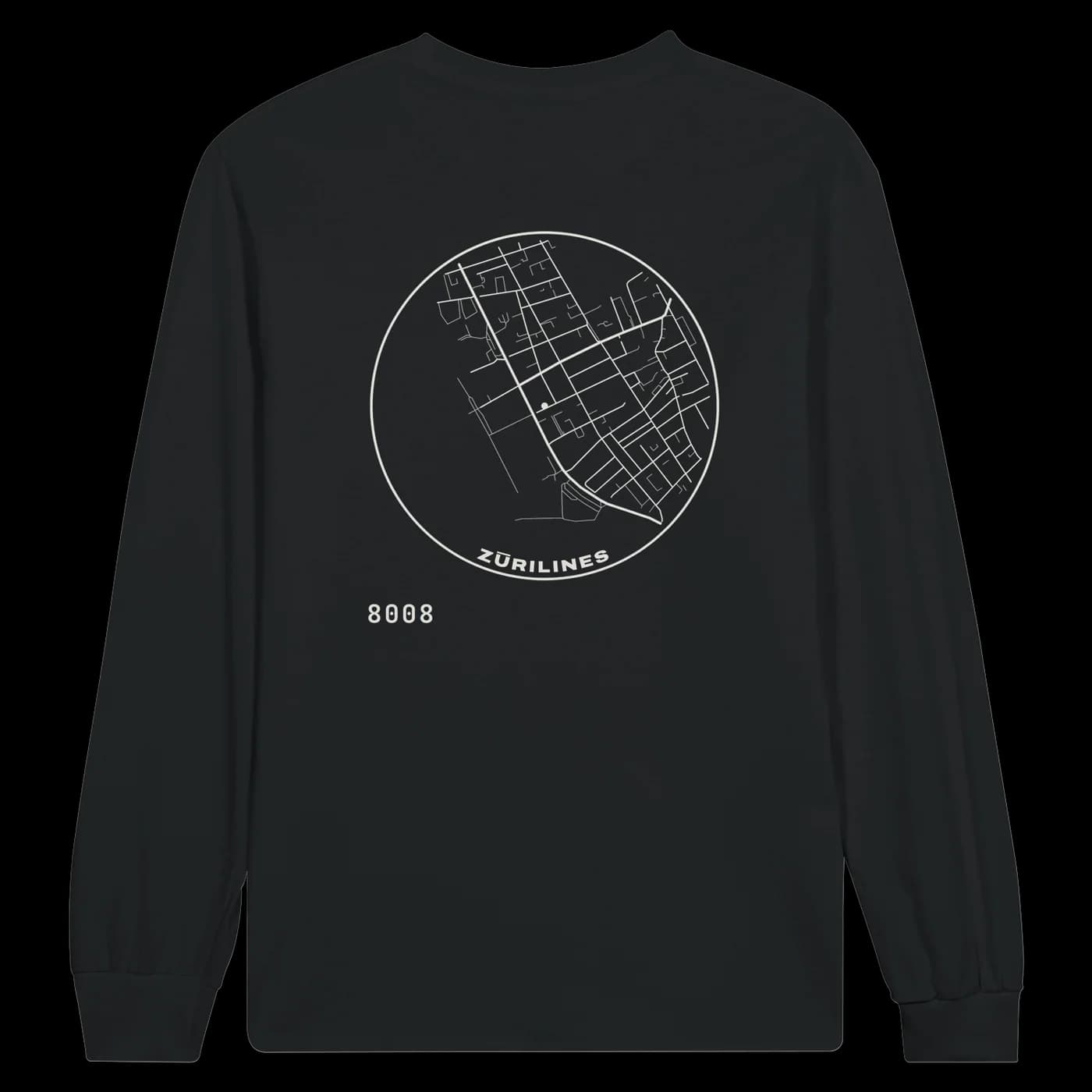 ZÜRILINES Longsleeve Women in Black, Rückseite – Beispiel mit der Linie «Seefeld»